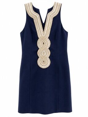 Lilly Pulitzer Valli Navy Shift Dress Gold Soutache Trim Sleeveless Resort Sz 2